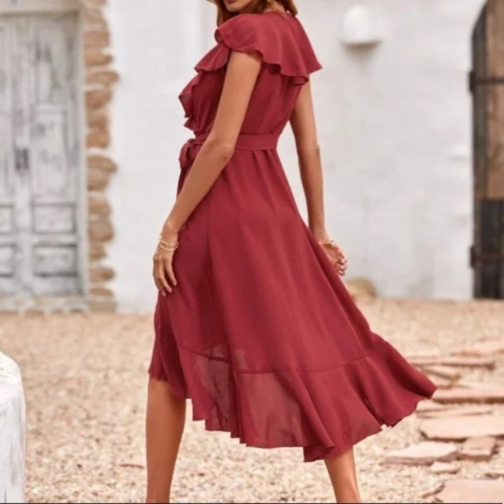 Boho pink ruffle hem wrap belted maxi dress - Picture 14 of 16